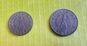 E107-Lot 2 monede Reich svastica 1+ 5 Phennig 1940+1941