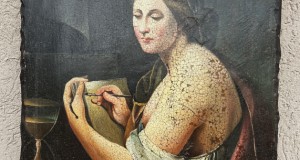 Superba pictura manuala in ulei pe lemn-foarte veche-semnata-Tanara care scrie o scrisoare-Anglia