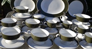 elegant serviciu de masa portelan Rosenthal-alb-verde olive 6 persoane 42 piese
