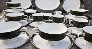 elegant serviciu de masa portelan Rosenthal-alb-verde olive 6 persoane 42 piese
