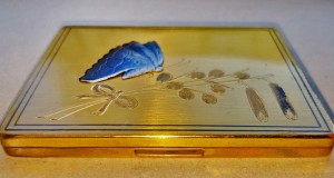 C743-I-Pudriera veche alama aurita Fluture albastru emailat.