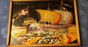 D230-Tablou marin vechi pictura sub sticla nava Norvegia.