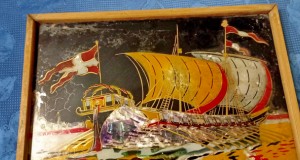 D230-Tablou marin vechi pictura sub sticla nava Norvegia.