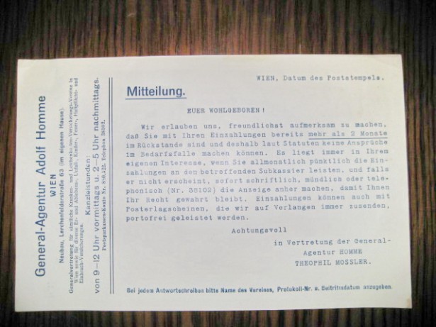 7781-Act vechi-Chitanta Mittelung Gen. Ag. Adolf Homme Wien Theophil M