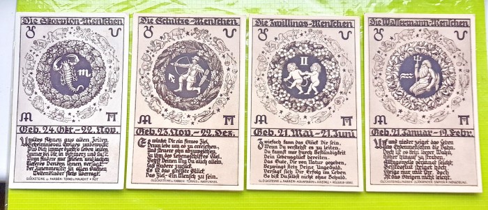 D62-Lot 4 carti postale vechi cu zodii anii 1932-1935.