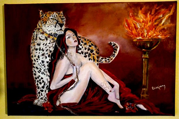 `Tabloul Imblanzirea ghepardului langa superba femeie, pictura