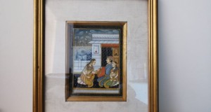 Tablou indo-persan pictat matase, scena familie traditionala