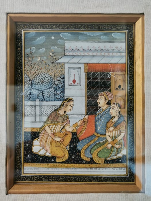 Tablou indo-persan pictat matase, scena familie traditionala