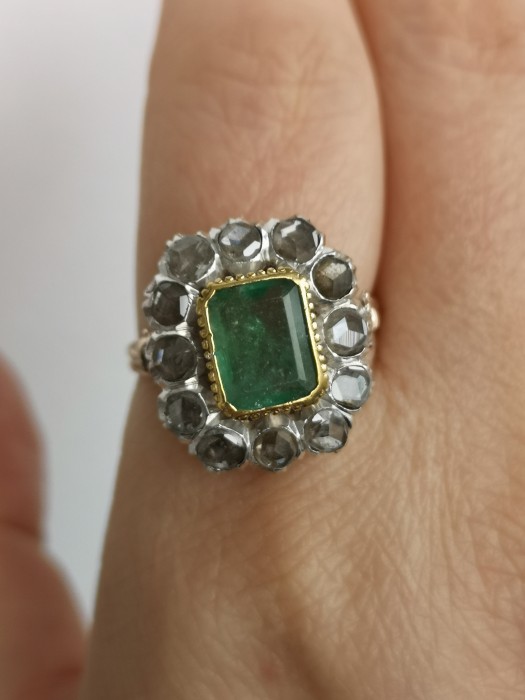 Inel vechi impozant aur 14k cu smarald natural și diamante