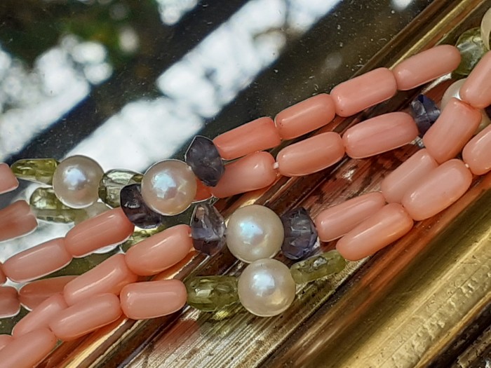 Colier coral peridot tanzanit perle argint
