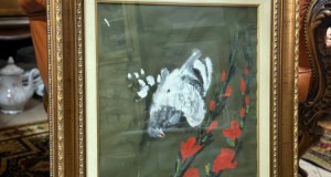 Pictură porumbel cu flori roșii
