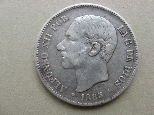 Moneda din argint, 5 Pesetas Spania 1885.