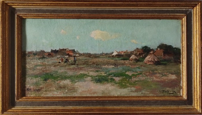 Tablou vechi, mic peisaj impresionist in ulei, autor cotat