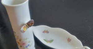 Set vas flori-soliflora si castronel- unic bol , portelan, cu pictura manuala