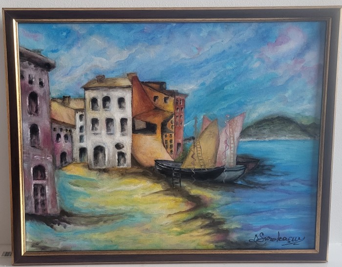 PICTURA, TABLOU modern, -Sat pescaresc in Italia -, nou, pictor roman consacrat