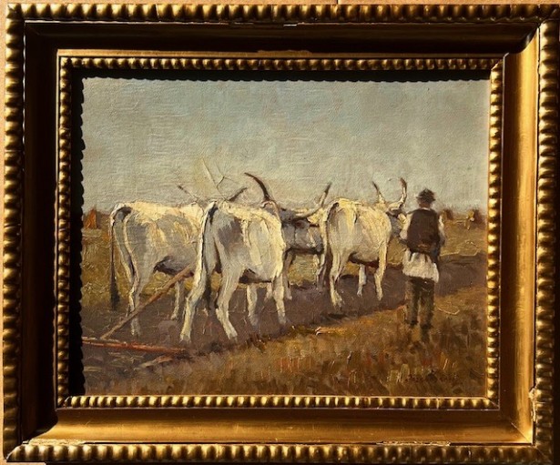 ”Boi la munca campului” - Tablou f VECHI, realizat în ulei păstos pe panza, semnat, pictor maghiar, dimensiuni 60x50 cm ”Boi la munca campului” - Tablou f VECHI, realizat în ulei păstos pe panza, semnat, pictor maghiar, dimensiuni 60x50 cm