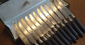 tacamuri, set 12 cuțite franțuzești de lux Ebony (abanos) argint si oțel carbon „Bourgade”