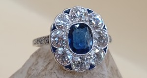 INEL PLATINA  ART DECO CU SAFIR NATURAL SI DIAMANTE