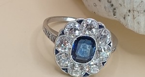 INEL PLATINA  ART DECO CU SAFIR NATURAL SI DIAMANTE