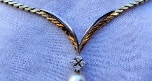 Colier aur evreiesc 14k cu perla naturala de apa sarata si diamante certificat