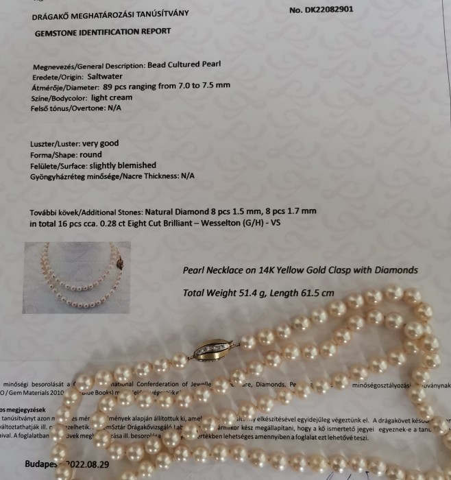 colier aur 14 perle apa sarata certificat diamante  61.5cm