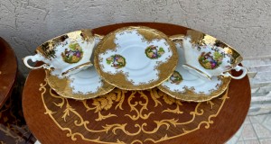 Rafinat serviciu de ceai-portelan Bavienthal-decoruri aur 24 k-scene galante-Germania