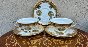 Rafinat serviciu de ceai-portelan Bavienthal-decoruri aur 24 k-scene galante-Germania