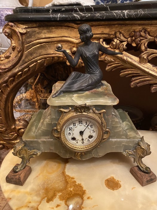 Superb ceas antic,onix și bronz,statueta Art Deco,Olanda